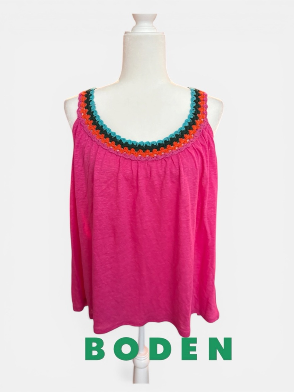 Boden 🩷 pink linen tank top with crochet detail EUC size XL